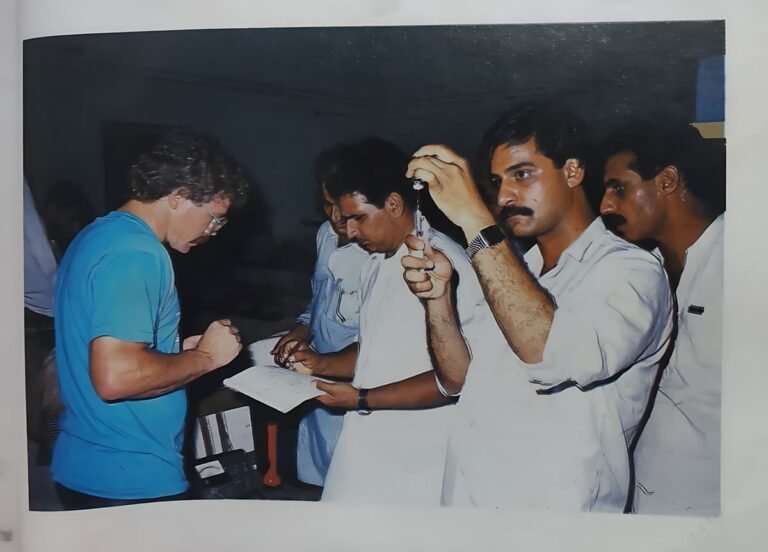Author preparing Ovaprim-C injection for early experiments on induced spawning of carps at Fish Hatchery Mianchannu, Khanewal, Punjab in 1991