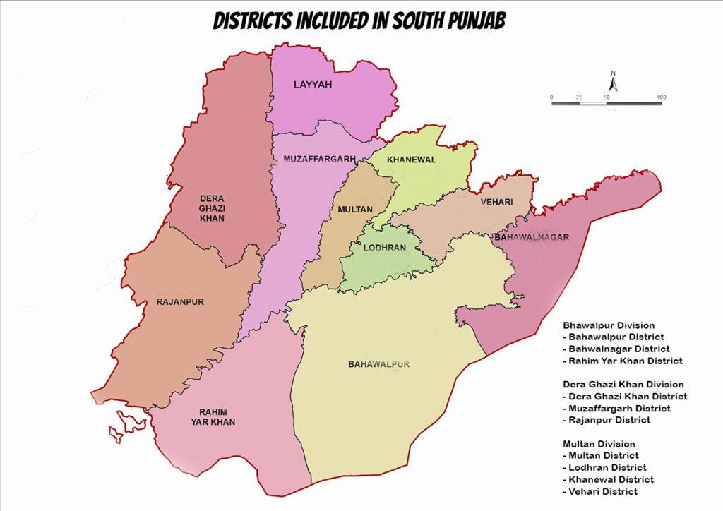 Map of South Punjab showing districts